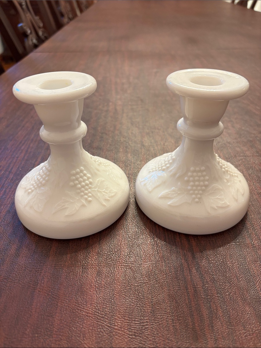 White Milk Glass Candlestick Holders with Grape Relief - Pair